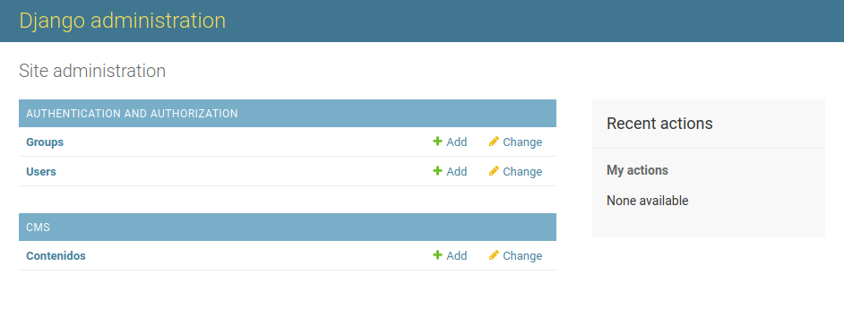 Django admin index page, now with cms displayed